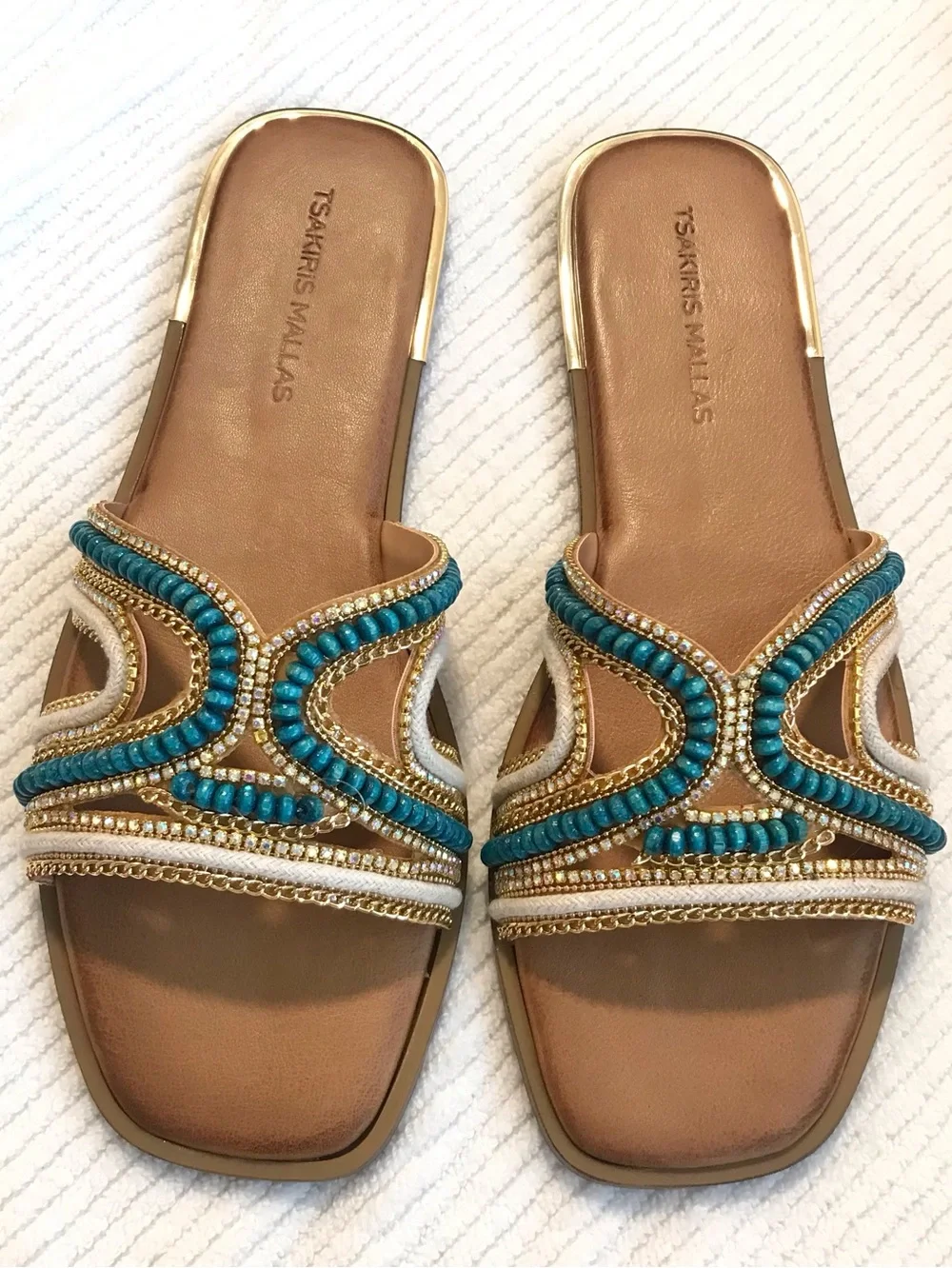 Tsakiris Mallas Greek Leather Flat Sandals Turquoise Beaded EU 41 US 10.5 NIB